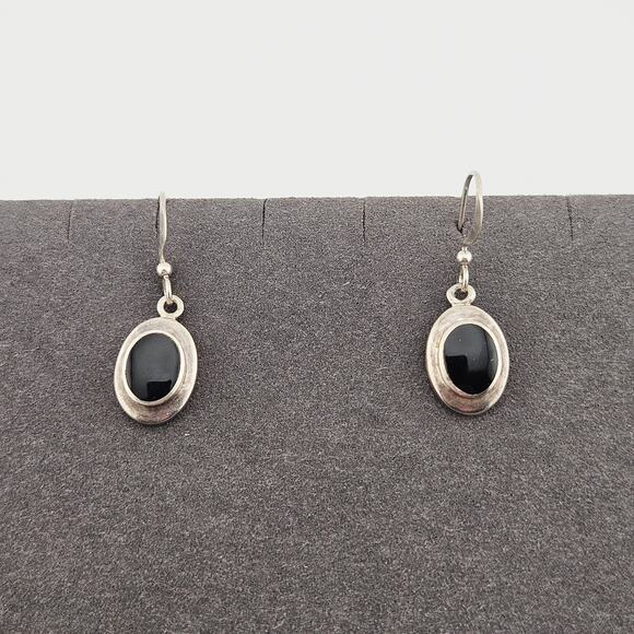 Italian Silver & Onyx Stone Jewelry Set Earrings Necklace Minimalist Everyday - Picture 8 of 11